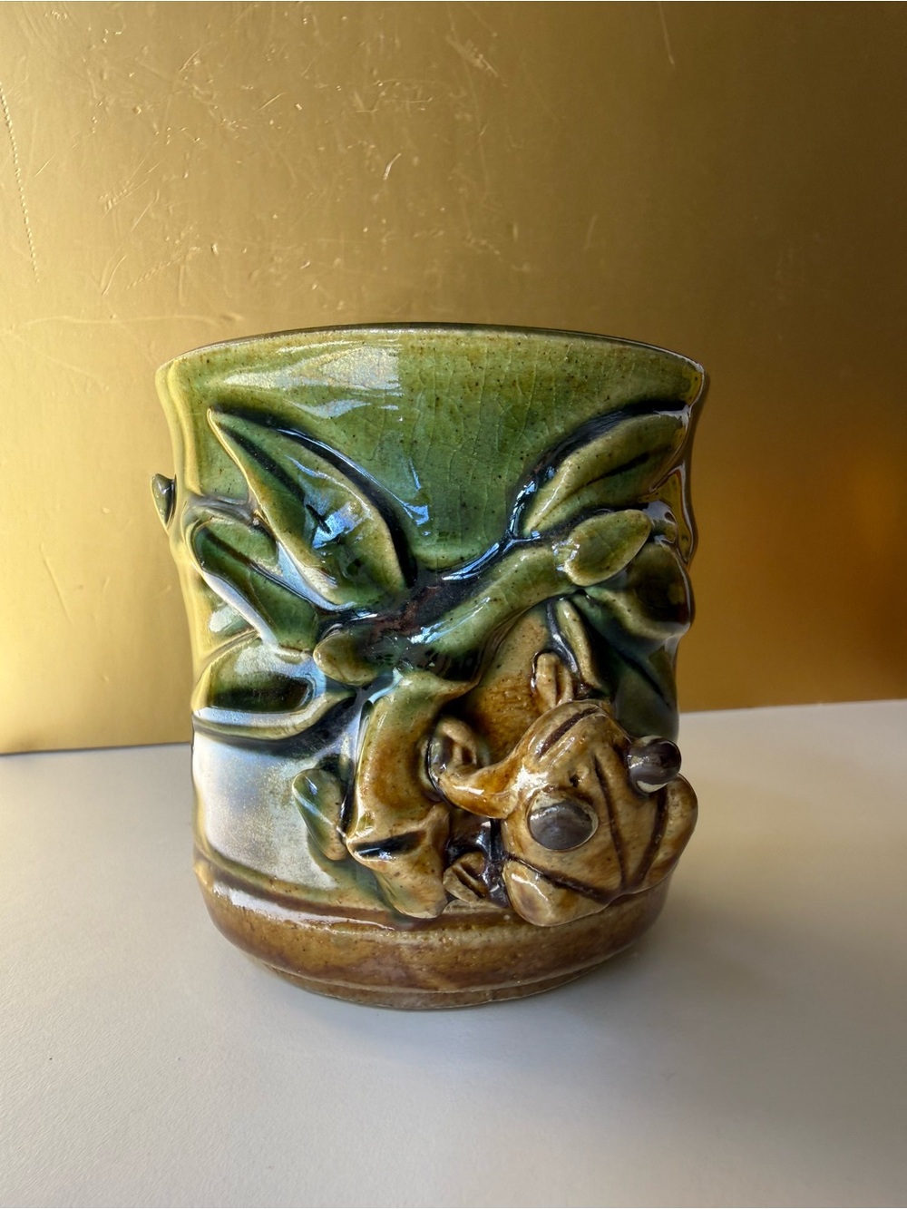 Vintage Ceramic Majolica style Lucky Frog cup with Floral Relief